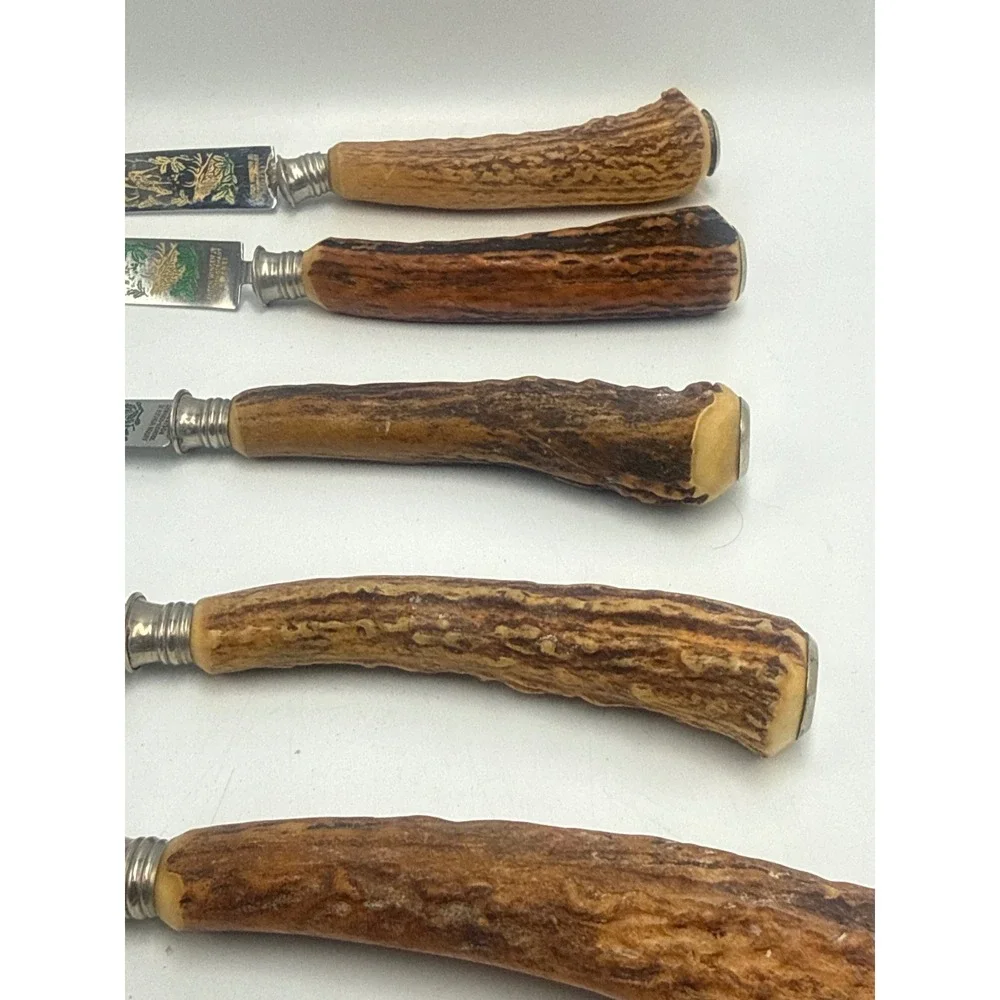 Anton Wingen Jr Solingen Germany‎ Stag Horn Steak Knives Set of 6 Etched Hunting